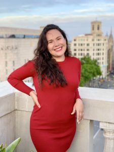 Flavia at Sky Bar in Barcelona in a red dress (May 2021)