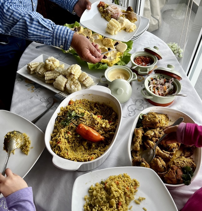 Family gathering in Lima with arroz con pollo and papa ala huancaina