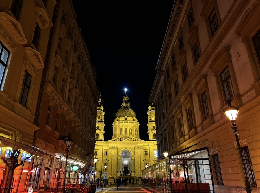 St Stephens Basilica at night down the street