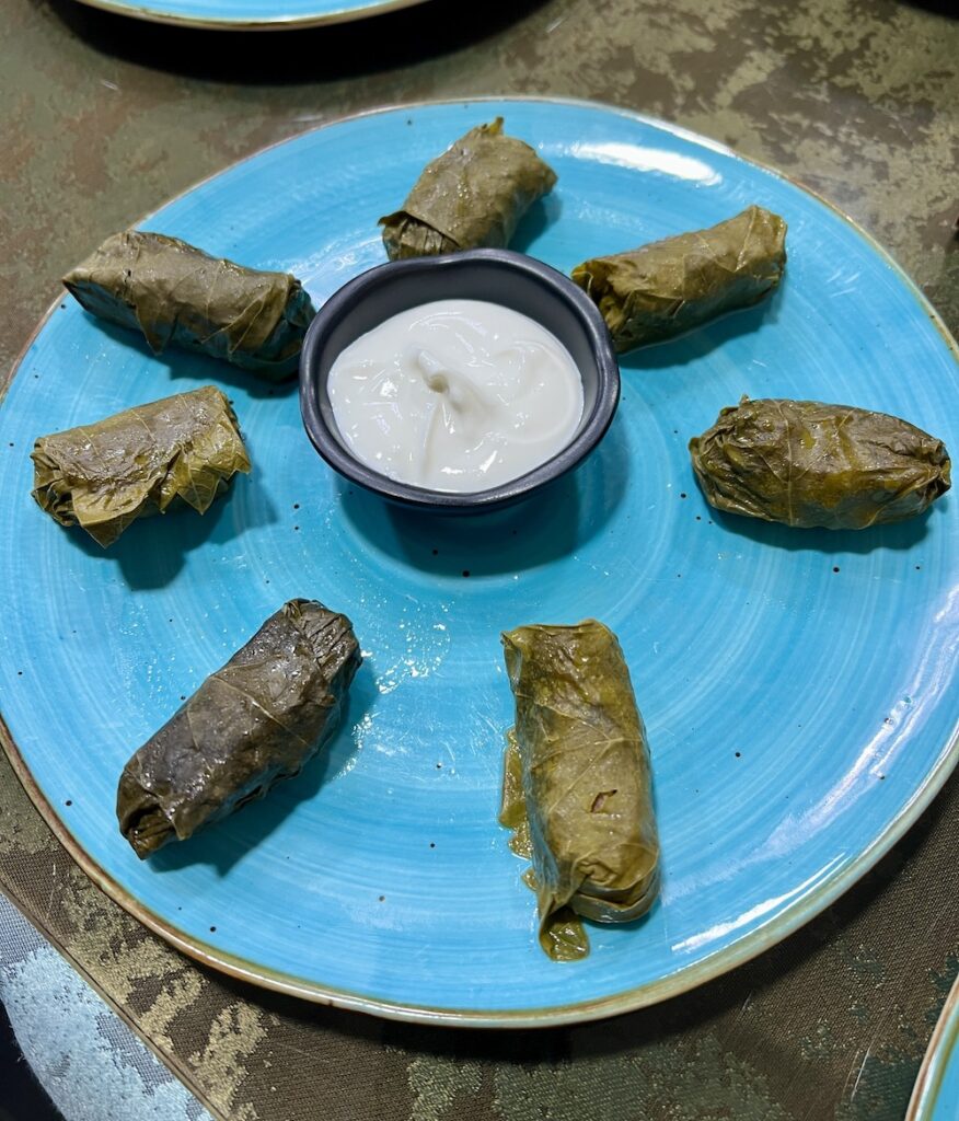 Grape leaf dolma on a bright blue plate with a little bowl of sour cream in the middle