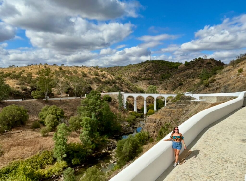 Mertola Bridge and view from city on a clear sunny day